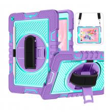 iPad 6 (2018) / iPad 5 (2017) / Air 2 / Air 1 / Pro 9.7 360 Rotating Hand Strap / Kickstand Shockproof Case - Teal/Purple (Ground Shipping Only)