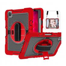 iPad Pro 11 4th (2022) / 3rd (2021) / 2nd (2020) / 1st (2018) / Air 5 / Air 4 360 Rotating Hand Strap / Kickstand Shockproof Case - Black/Red (Ground Shipping Only)